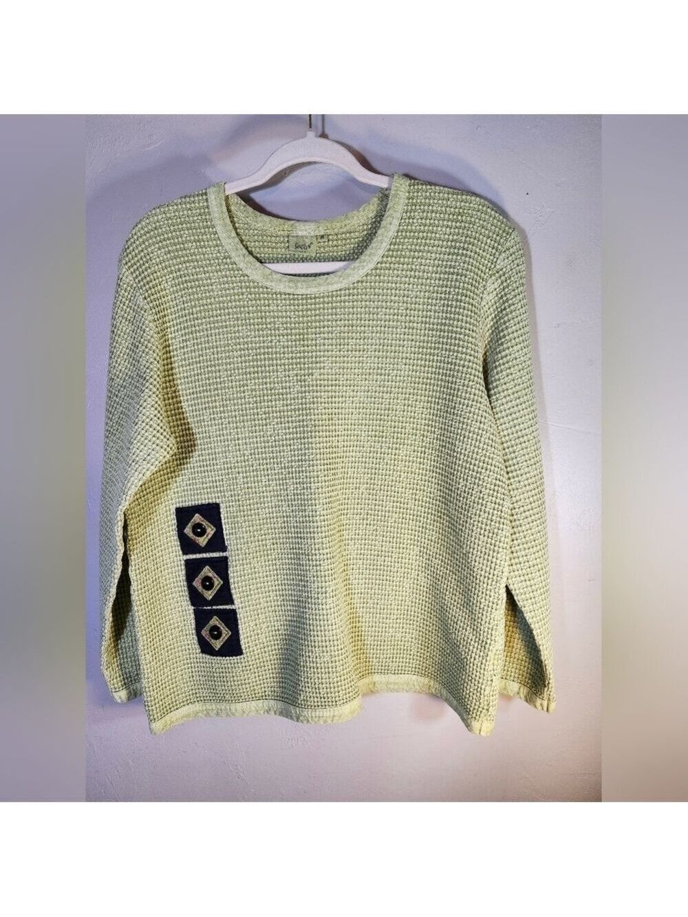 Focus Women's Light Green Sweater with Geometric Patch 100% Cotton Sz M